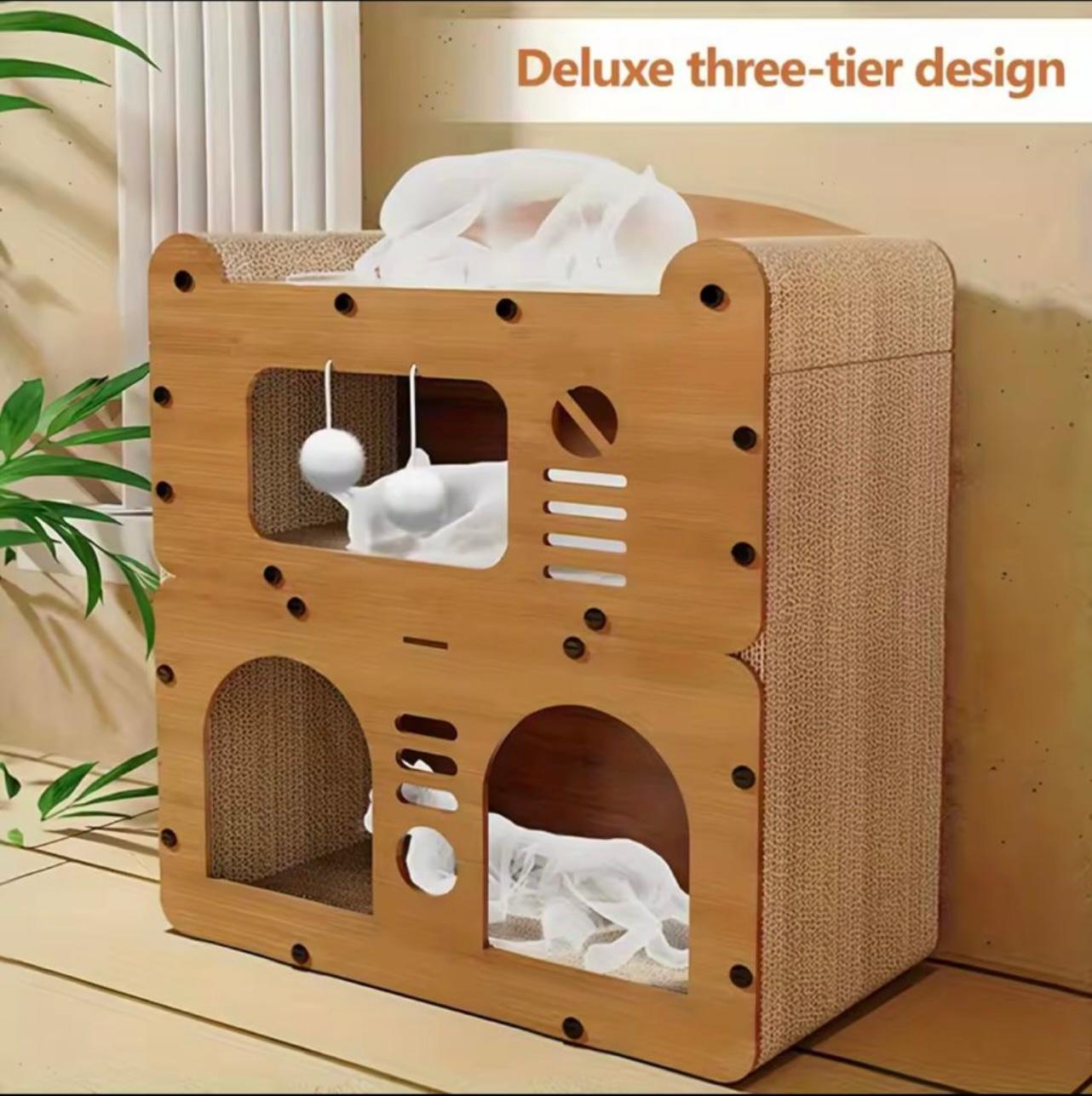 Spacious Multi-Level Cat House Condo with Scratching Boards & Play Balls – Indoor & Outdoor Cat Shelter