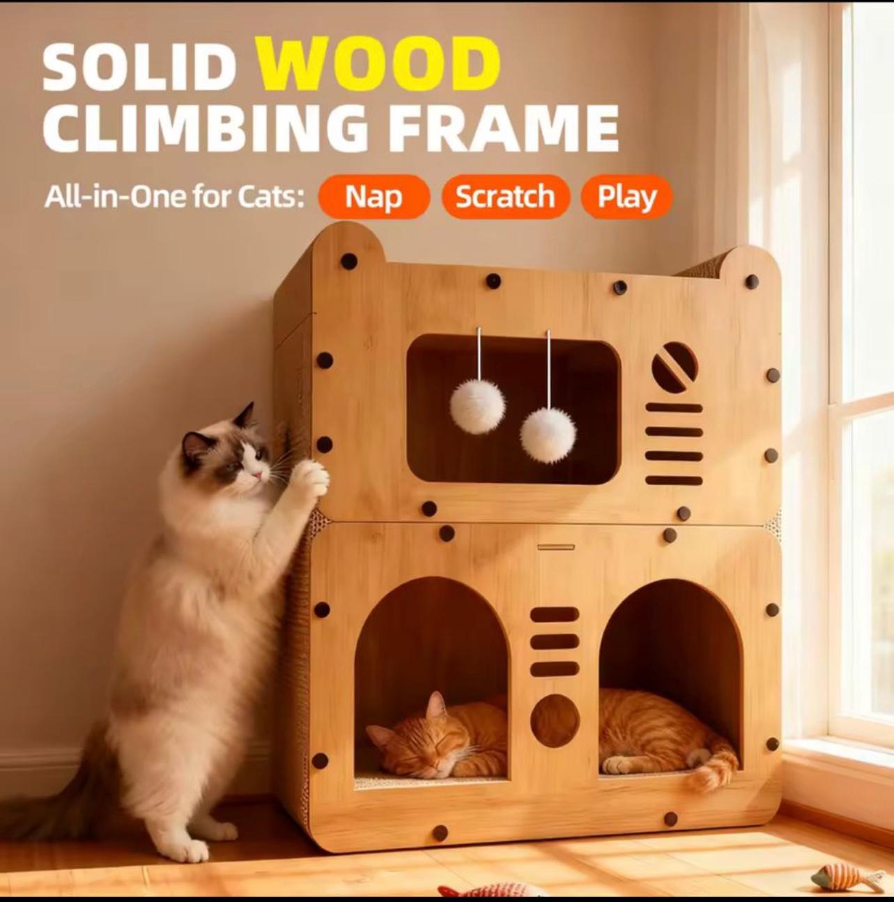 Spacious Multi-Level Cat House Condo with Scratching Boards & Play Balls – Indoor & Outdoor Cat Shelter